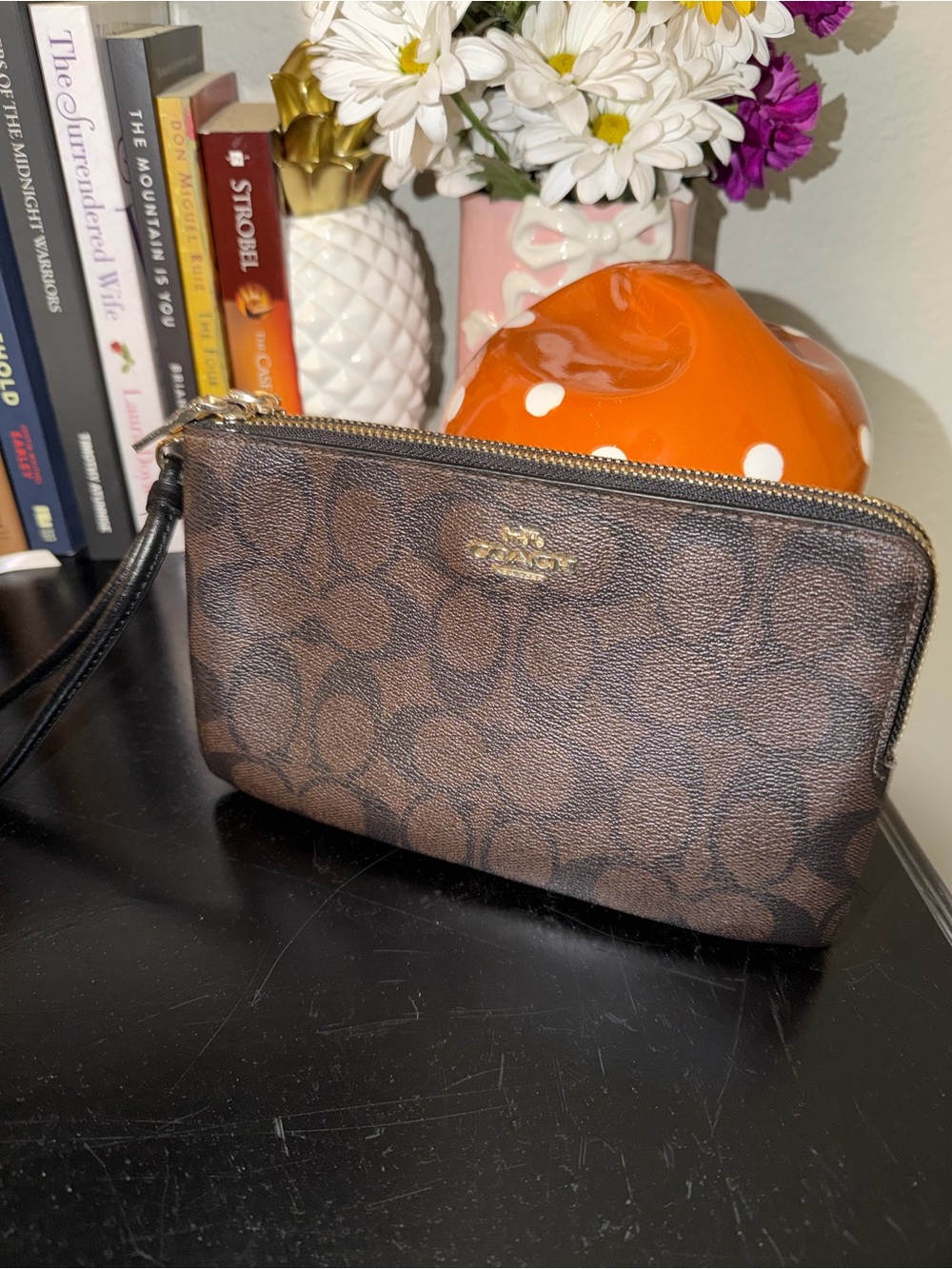Coach Brown Signature Zip Wristlet with Gold Hardware